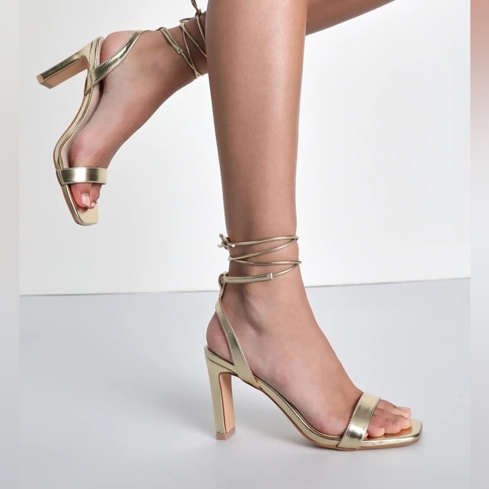 Troyes Gold Square Toe Lace-Up High Heel Sandals